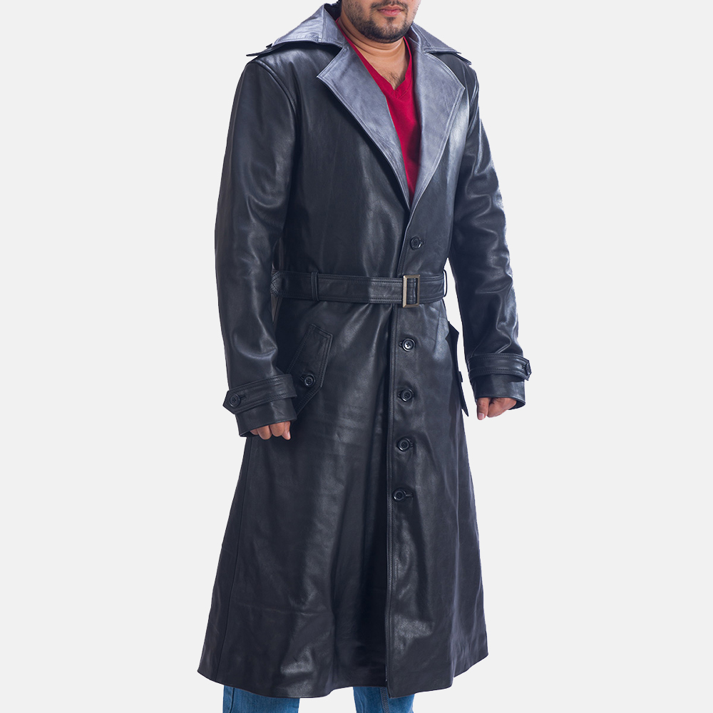 Mens Enigma Black Leather Trench Coat